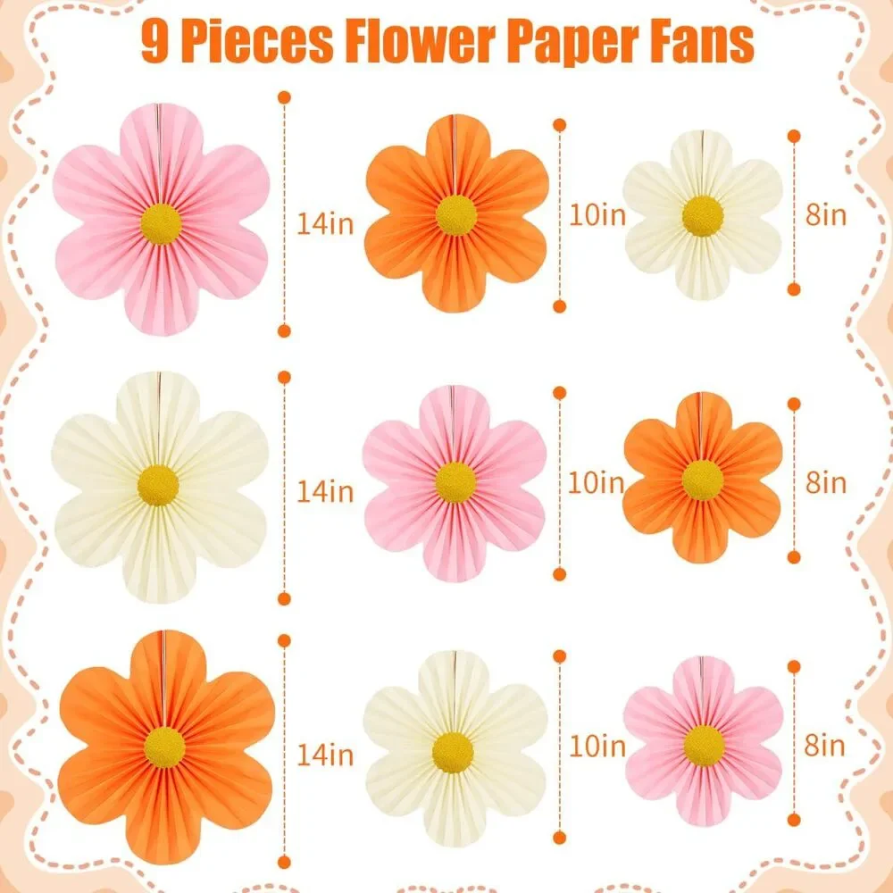 9PCS Paper Flower Decorations Pink Orange Wall Fans Party Baby Shower Backdrop